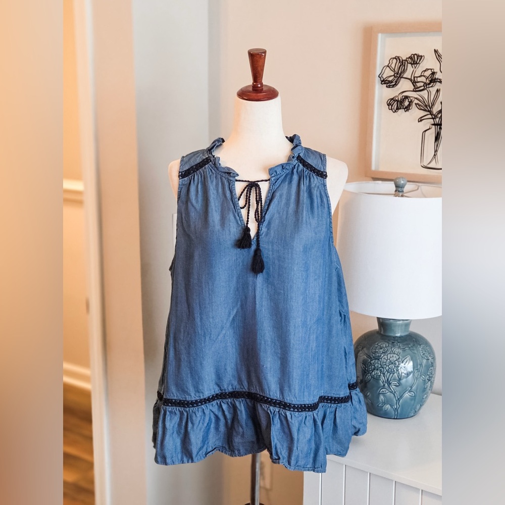 Blue Sleeveless Top with Tassel Detail